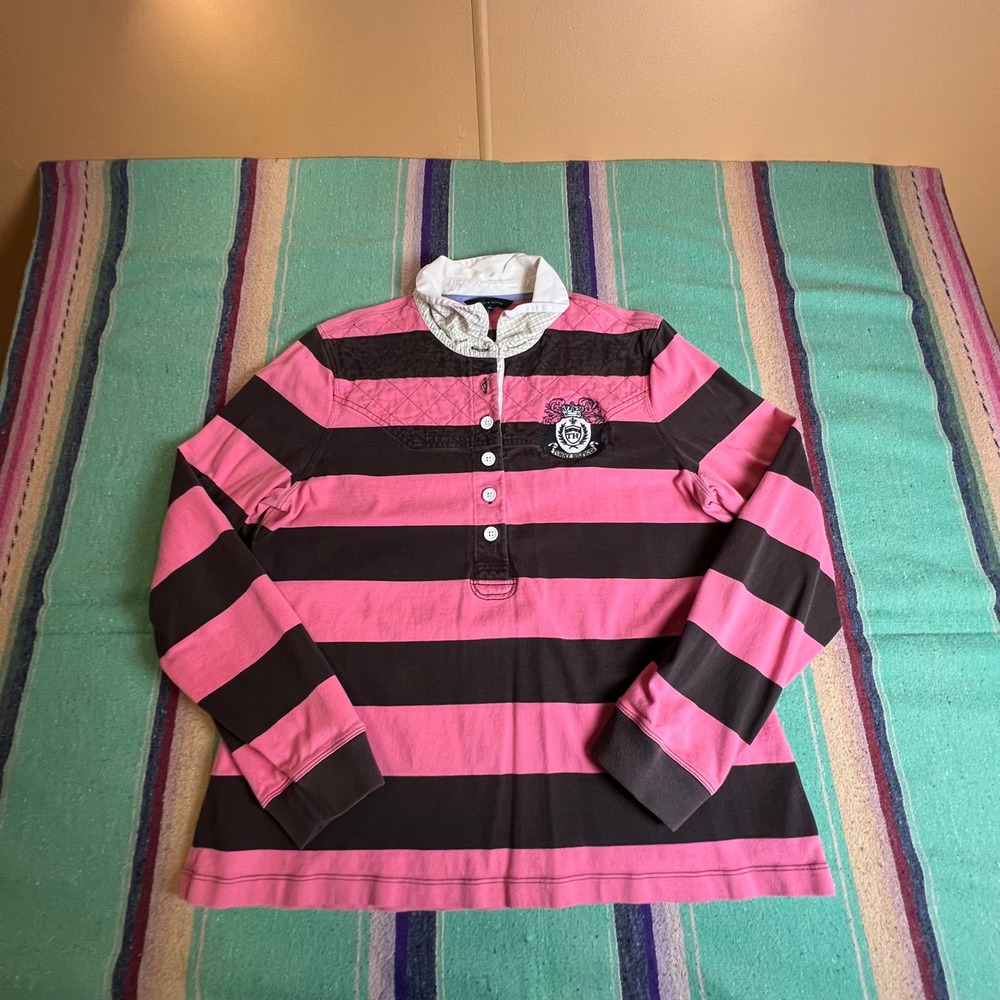 Tommy Hilfiger Rugby Shirt Womens XXL Pink Brown Striped Long Sleeve Preppy Logo